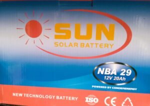 sun solar battery, model nba 29, with specifications of 12v and 20ah